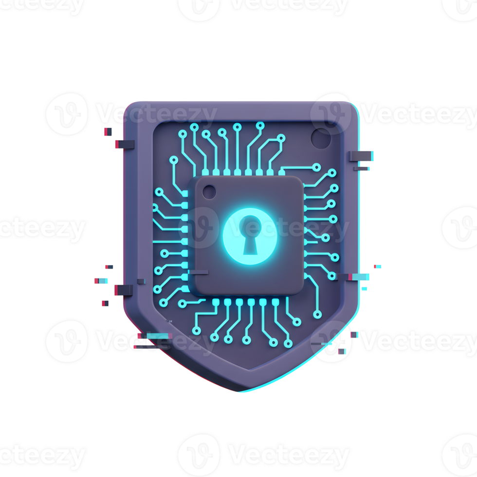 A stylized shield with a keyhole embedded in a circuit board represents cyber security and is suitable for digital protection concepts. png
