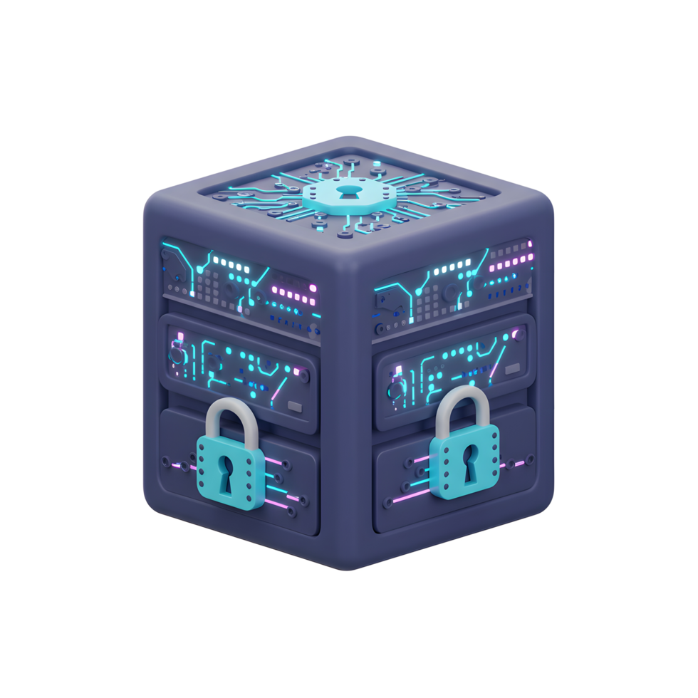 A stylized data server is secured with a padlock, representing data protection and security for business purposes. png
