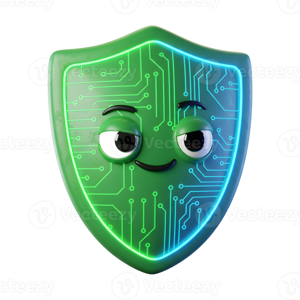 A green shield cartoon with a circuit board pattern features a face with eyes and a smile, suggesting security, protection, or digital safety usage. png