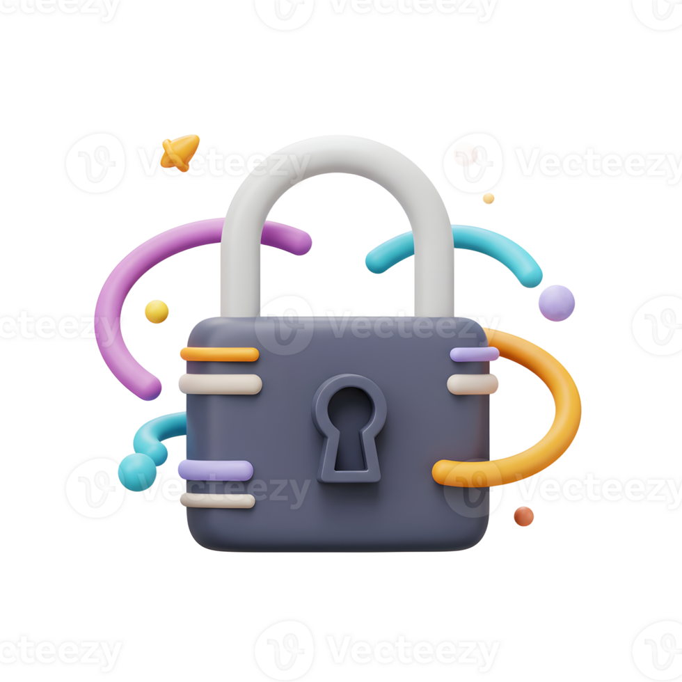 A stylized padlock is decorated with colorful shapes and orbs, making it a fun and vibrant illustration for security concepts. png