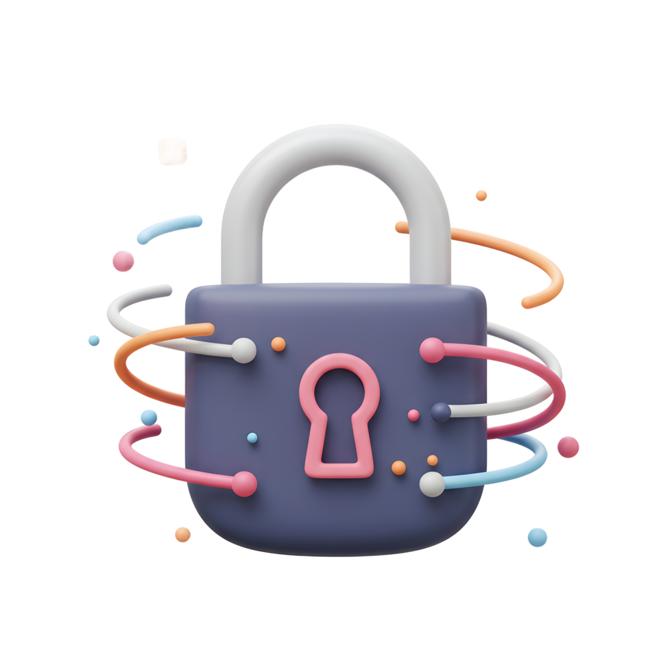 A blue padlock is shown with colorful swirling lines and dots around it, illustrating secure digital access. png