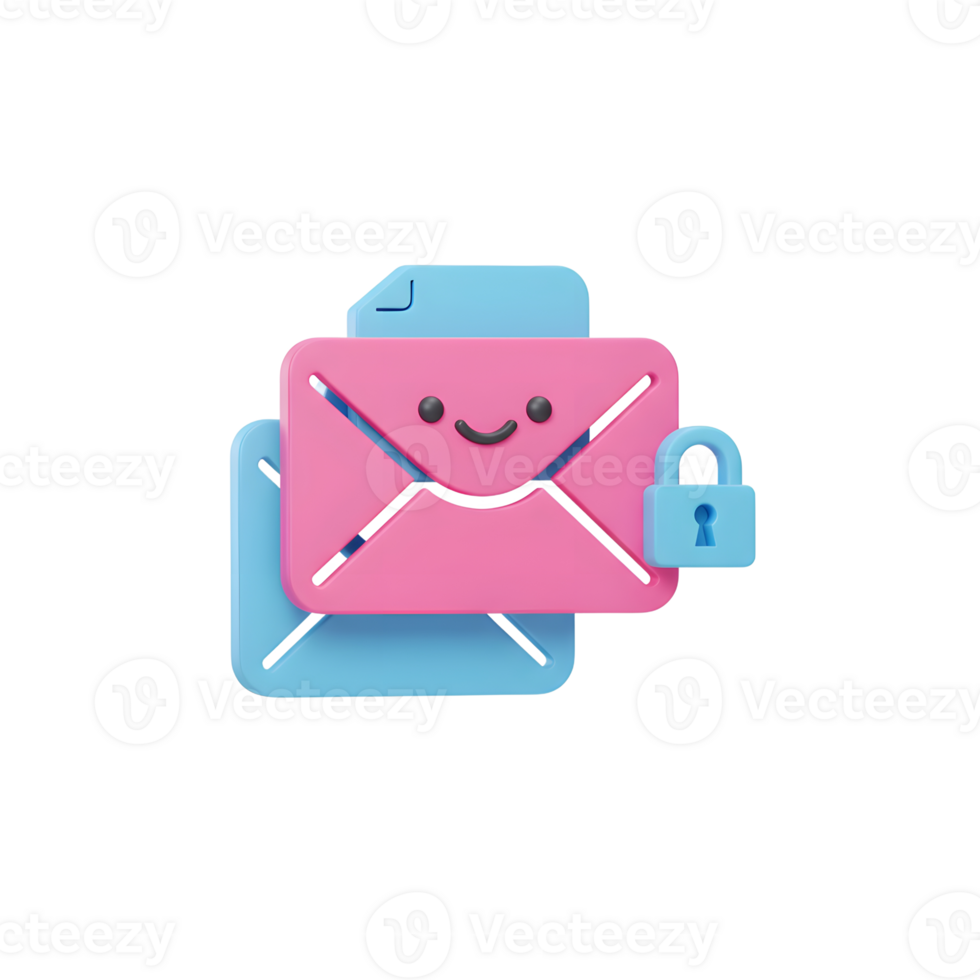 A smiling pink envelope is stacked upon a blue envelope and secured with a lock, symbolizing protection of email privacy for secure communication. png
