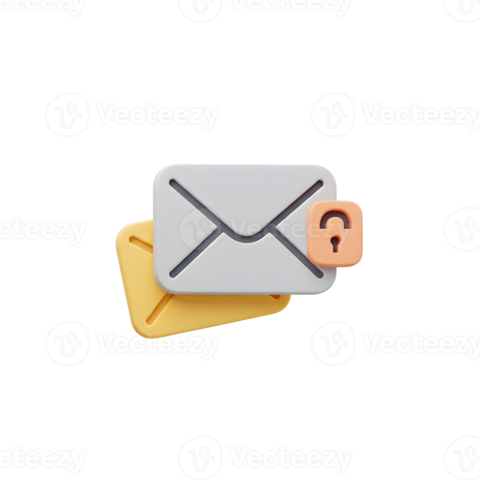 An illustration shows stacked email icons with an unlock icon, suggesting secured electronic communication, perfect for website or app graphics. png