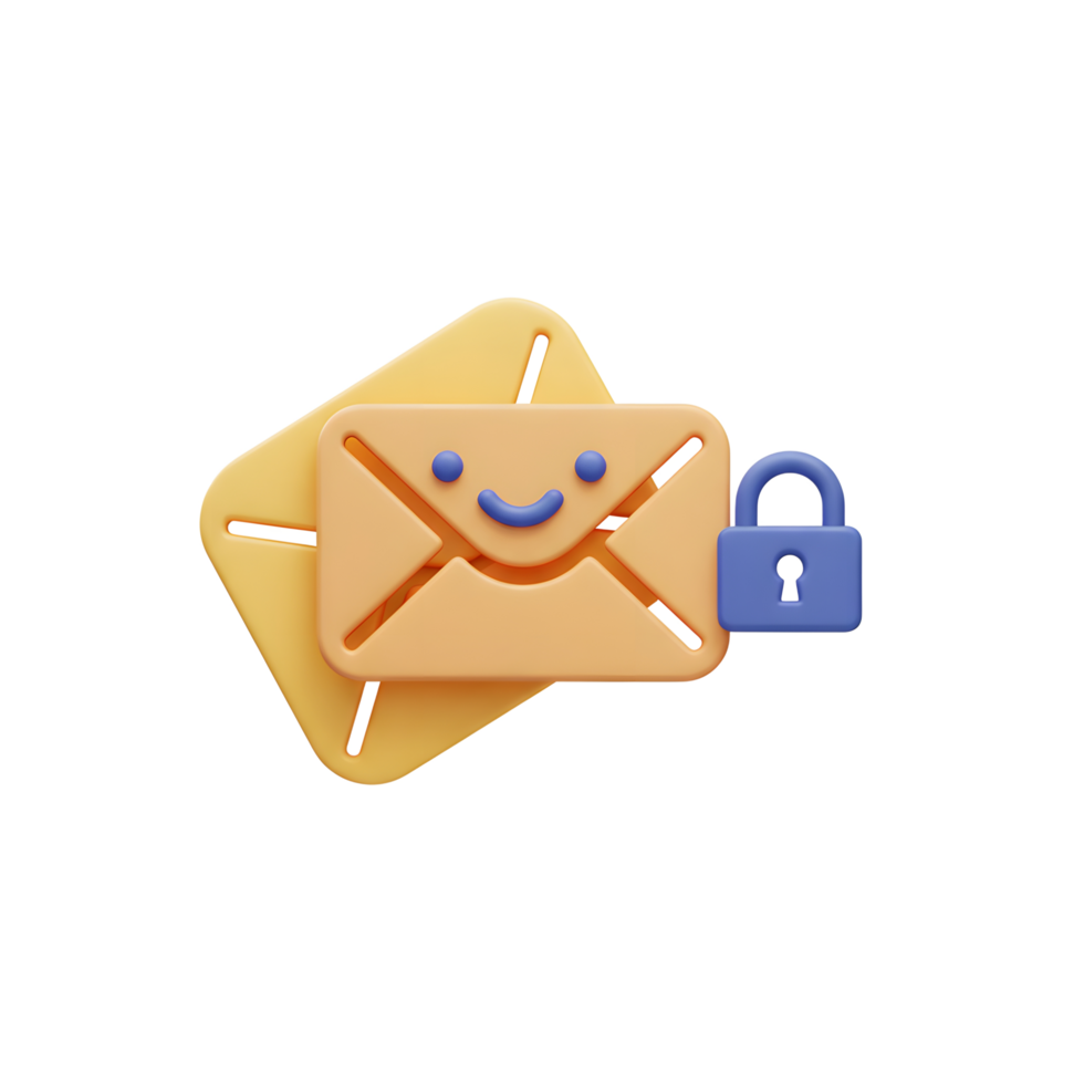 A yellow envelope with a smiling face and a blue padlock represent a secure and safe digital communication channel that ensures that the privacy of emails is guaranteed. png
