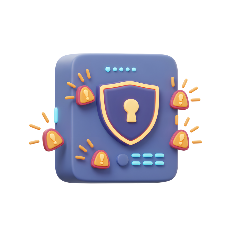 Blue boxy device displays a shield and emits alerts, signaling potential threats and emphasizing the importance of cybersecurity for data protection. png