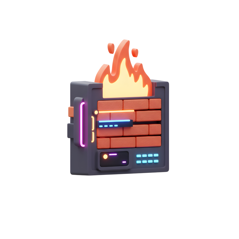 3D illustration of a firewall emitting flames, suitable for representing network security and protection. This icon can be used on websites, apps, and presentations. png