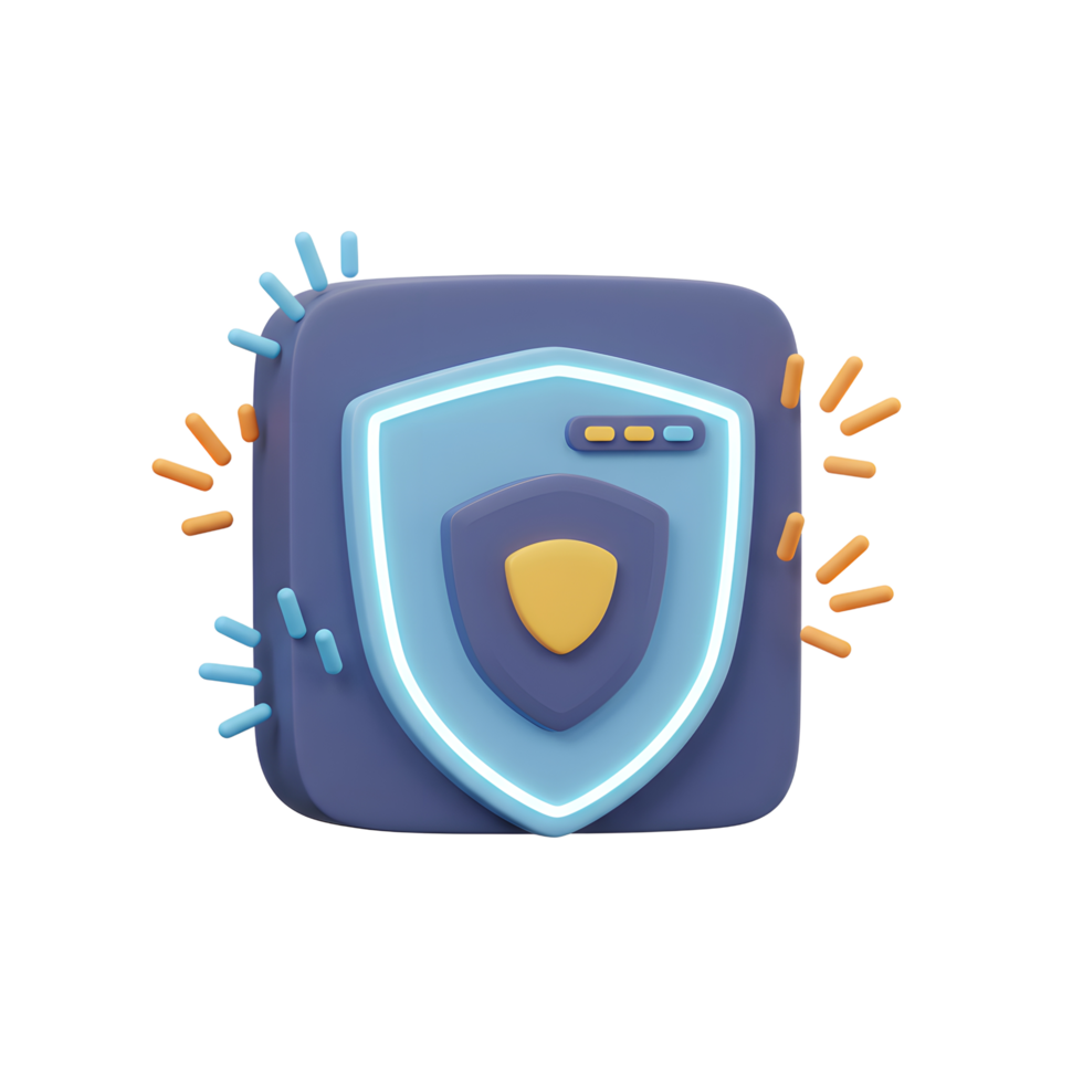 A 3D rendering shows a shield icon with blue and gold accents indicating security, which can be used for websites and apps. png