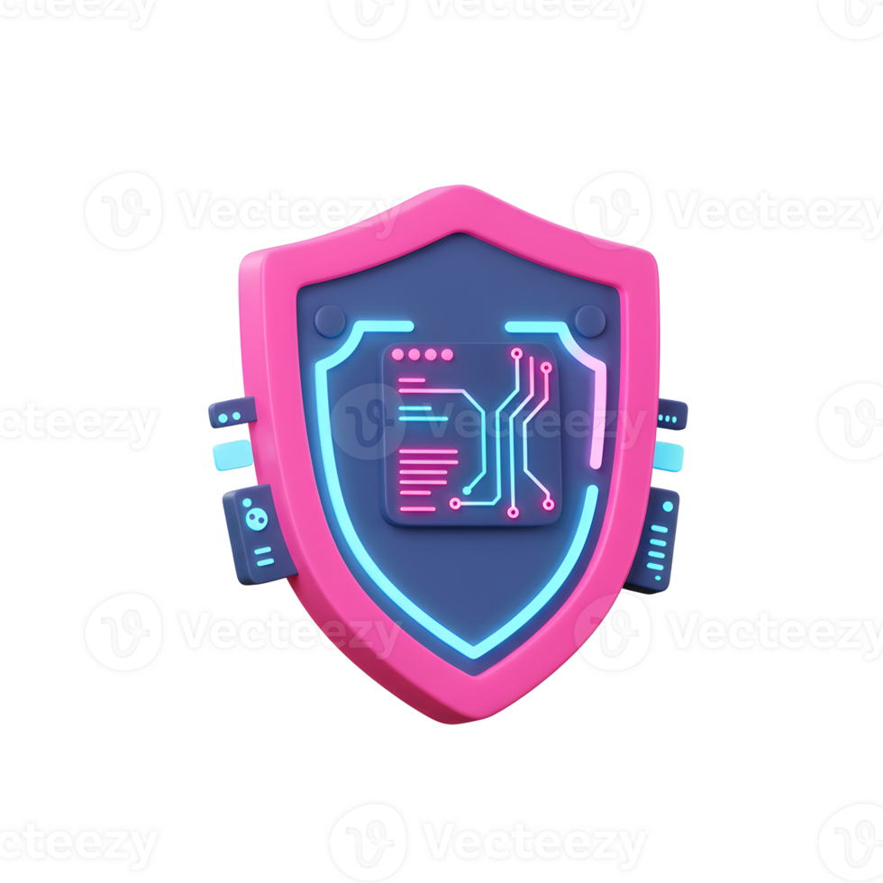 This digital shield features a neon outline and circuit board design, creating a symbol of technology safety for online security concepts. png