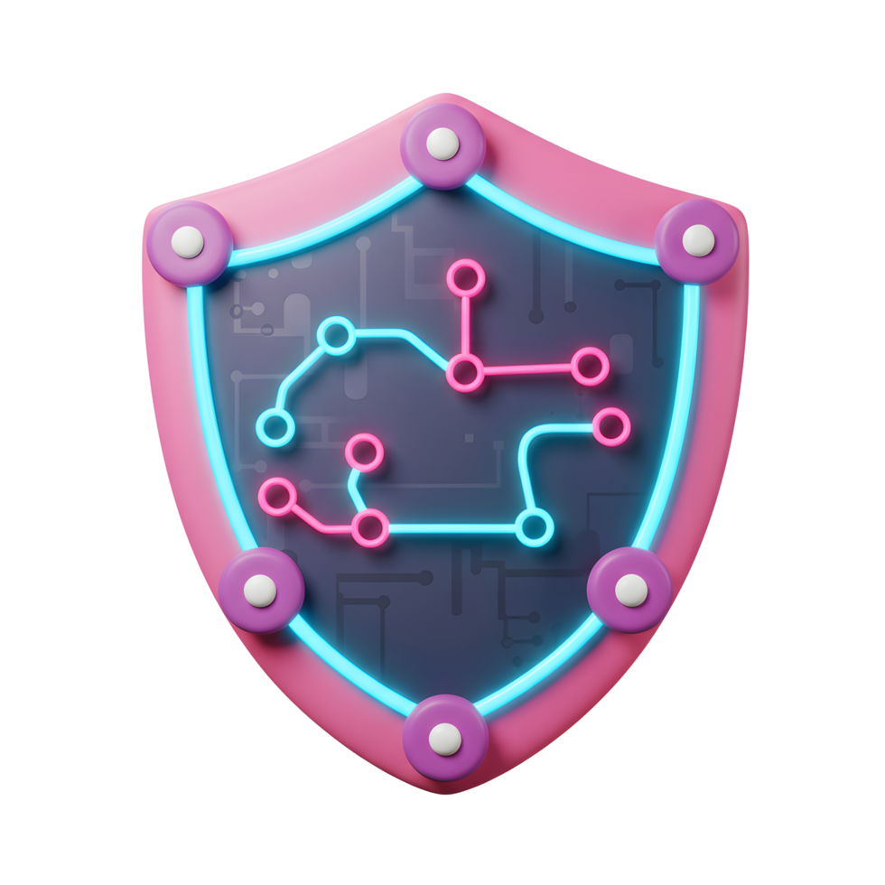 This pink and grey shield features a circuit design, suggesting digital security and protection for online data, networks, or applications. png