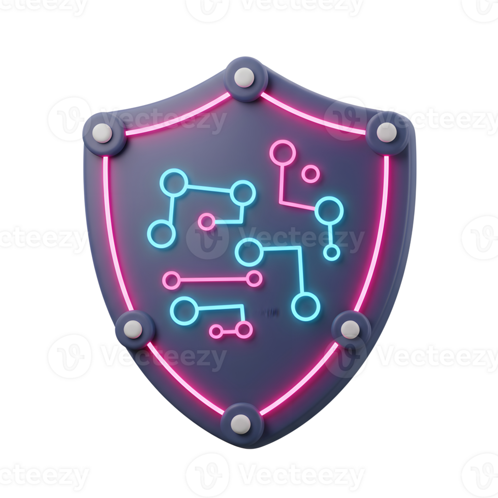 A shield icon with a neon circuit pattern symbolizes digital security to protect data and networks. png