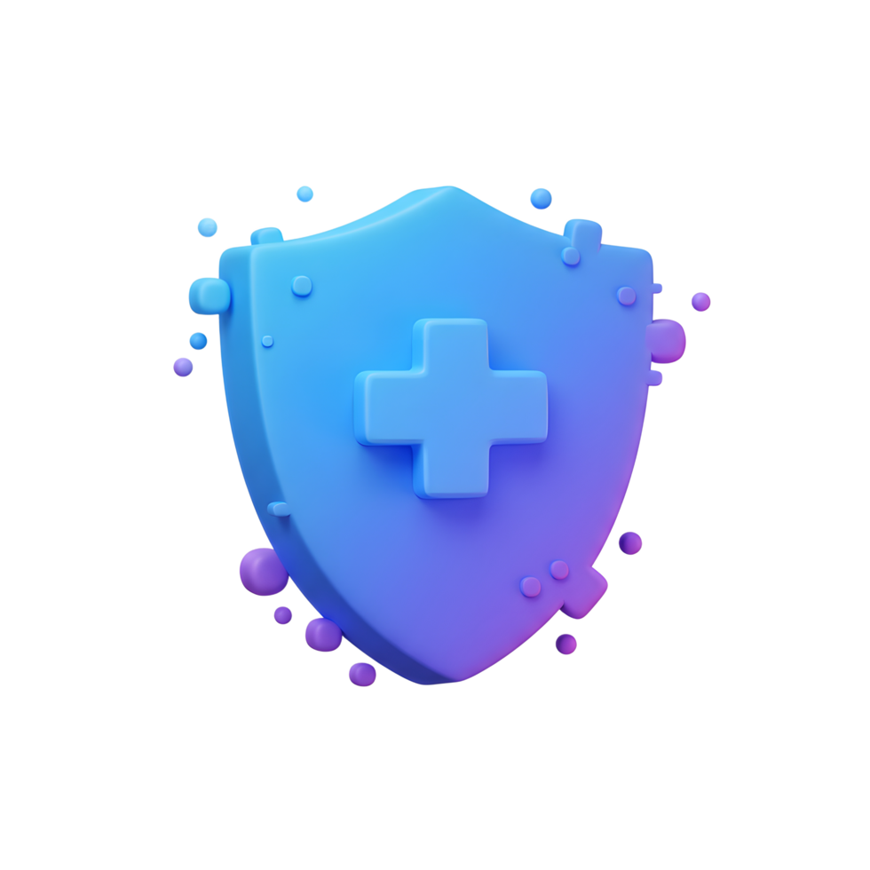 A blue shield with a plus symbol is displayed, surrounded by various small balls, symbolizing protection or security. png