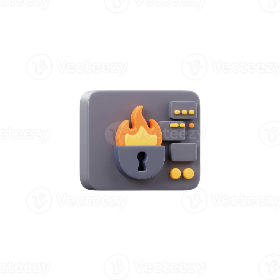 Stylized firewall with keyhole and flame represents data protection and server security in modern technology or digital spaces. png