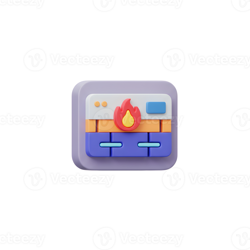 A cartoon style firewall icon in shades of purple, orange, blue and white showing a red and yellow flame in the center, perfect for use in security software interfaces. png