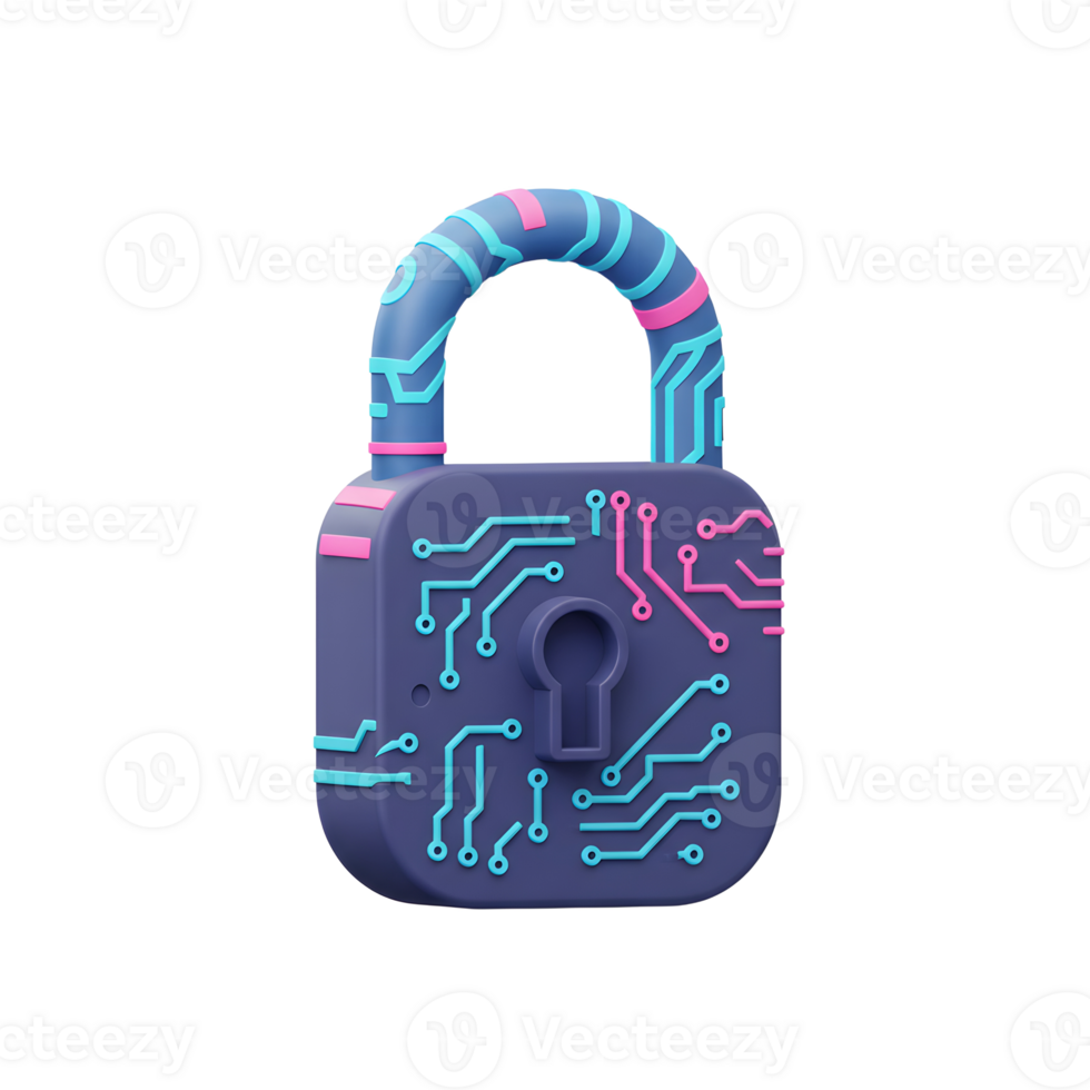 This digital padlock with circuit board design provides a sense of security and encryption, making it suitable for cybersecurity and privacy themes. png
