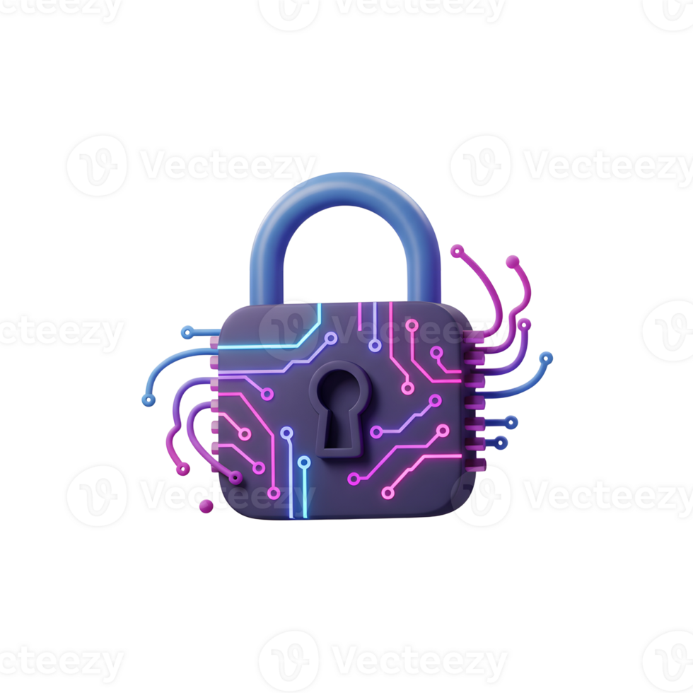A sleek digital padlock design features a circuit board pattern and connected wires, conveying a sense of modern security for tech related themes. png
