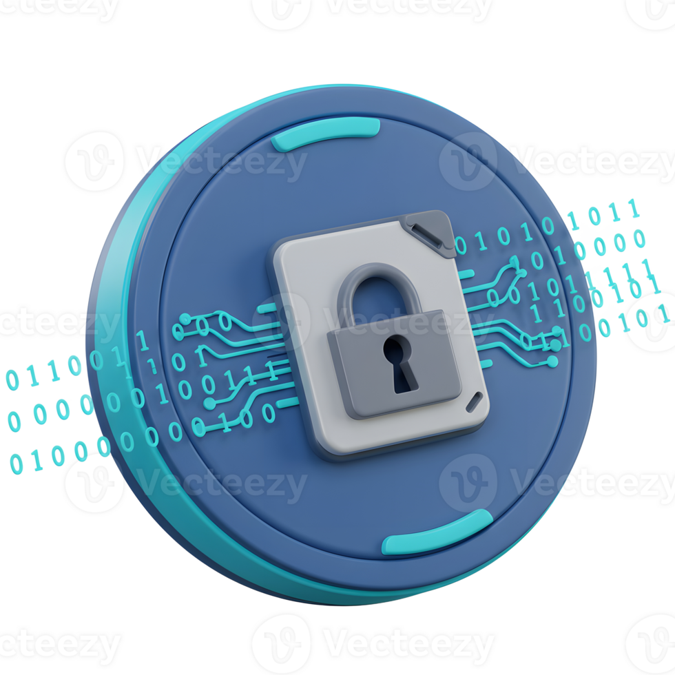 A file is shown secured with a padlock and accompanied by binary code to represent digital security, suitable for demonstrating data protection concepts. png