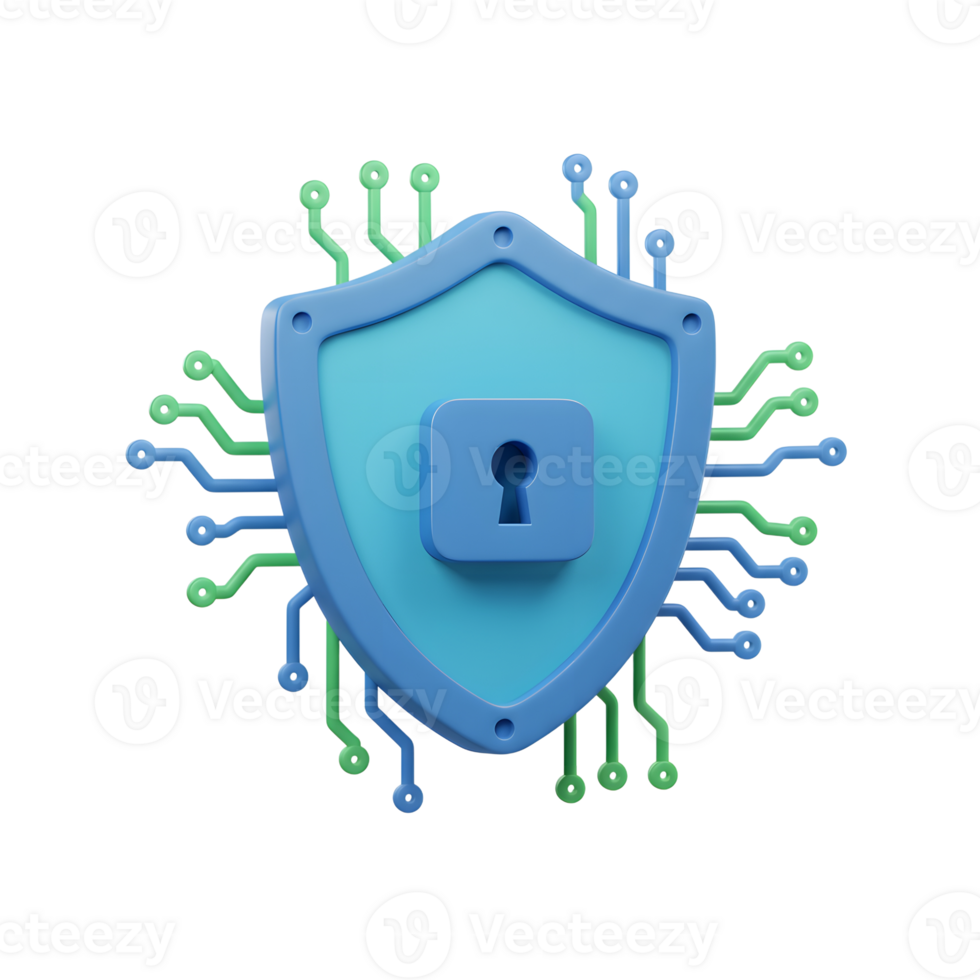 A blue shield with a keyhole is surrounded by green and blue circuits, representing protection in a digital environment for cybersecurity. png