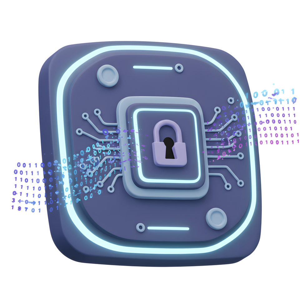 This 3D rendering shows a padlock on a circuit board with binary code flowing, symbolizing digital security and data protection. png