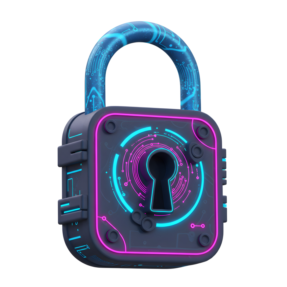 A futuristic padlock with neon blue and pink outlines features a keyhole surrounded by a circuit board design, commonly used for digital security or data protection. png