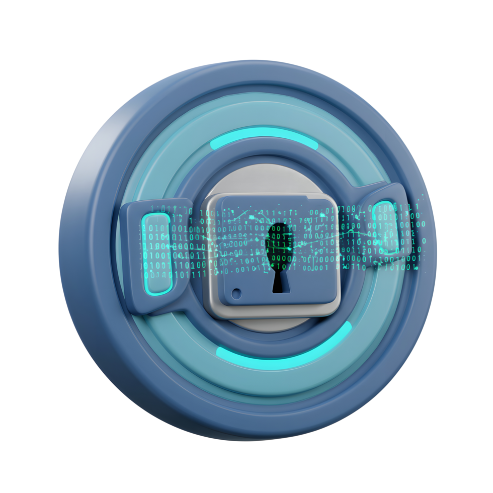 A 3D rendering of a lock icon overlaid with binary code represents digital security, illustrating data protection. png