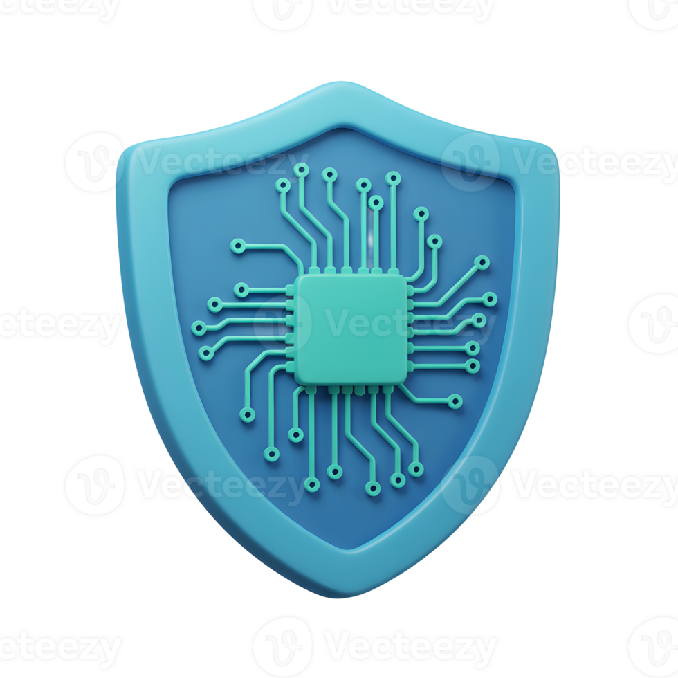 Blue shield with a microchip integrated symbolizes protection and security of technology, representing its utilization in cybersecurity. png
