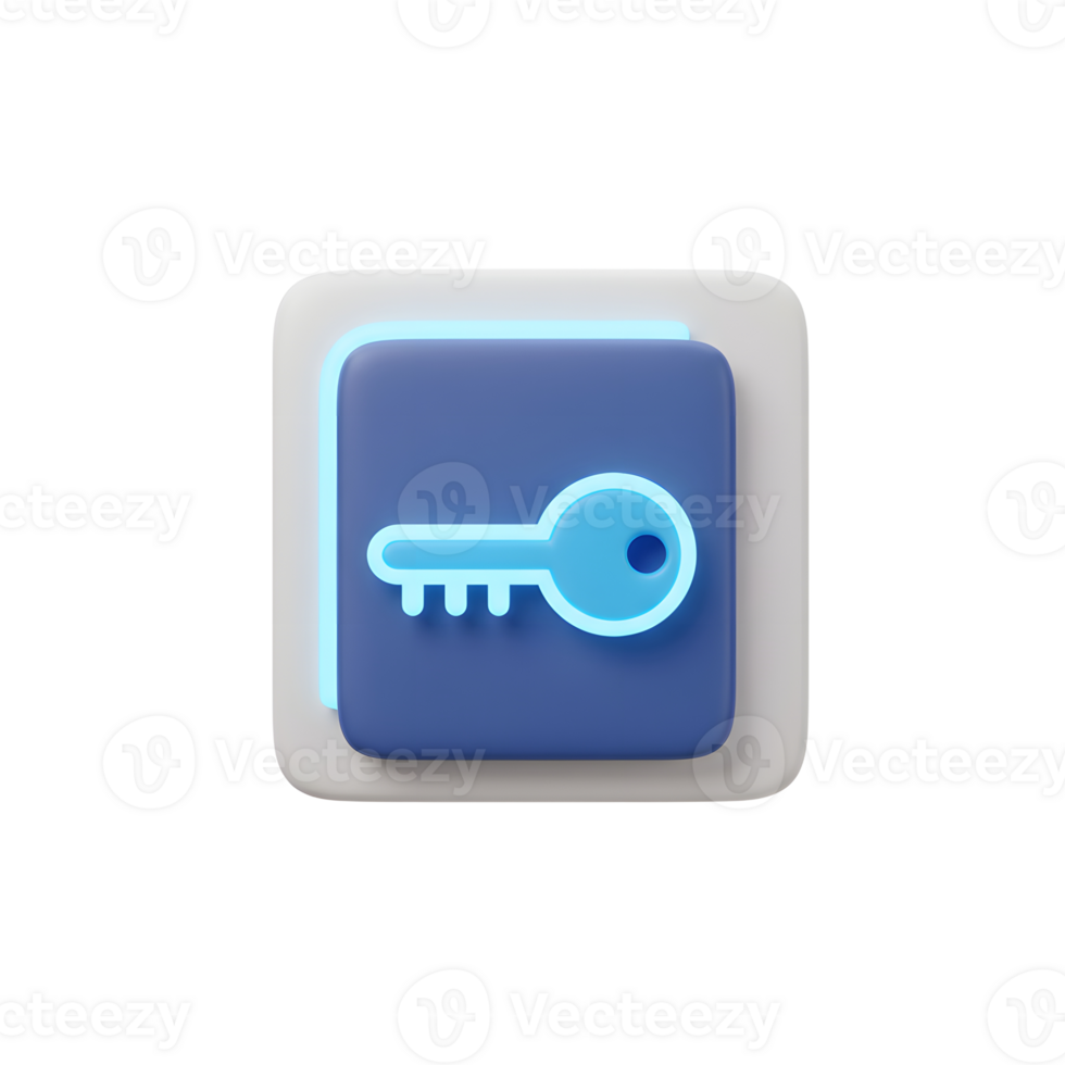 A blue key icon is centered on a blue square with rounded corners, set on a white square, and it represents security and access. png