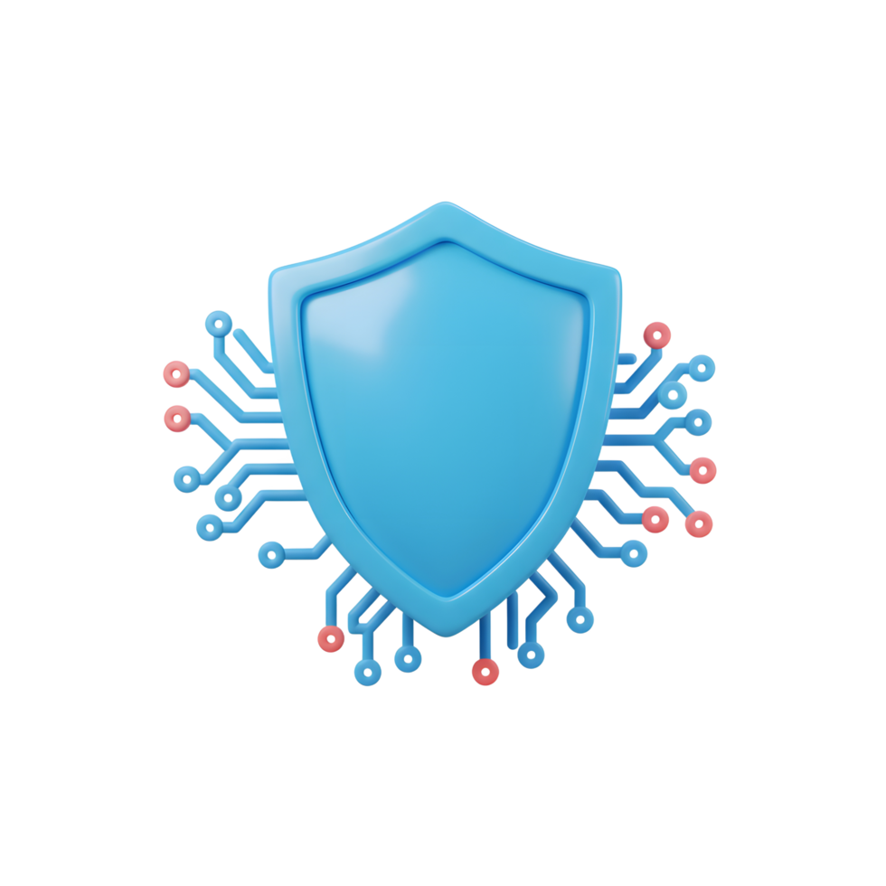 A blue shield with a circuit board design is a symbol of security and protection used in various digital and technological contexts. png