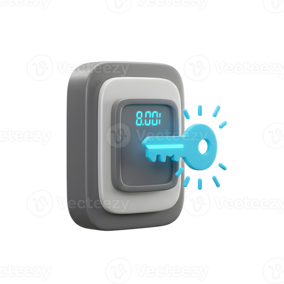 A stylized blue key is shown entering an interface panel with a bright digital display, signaling access or activation. png