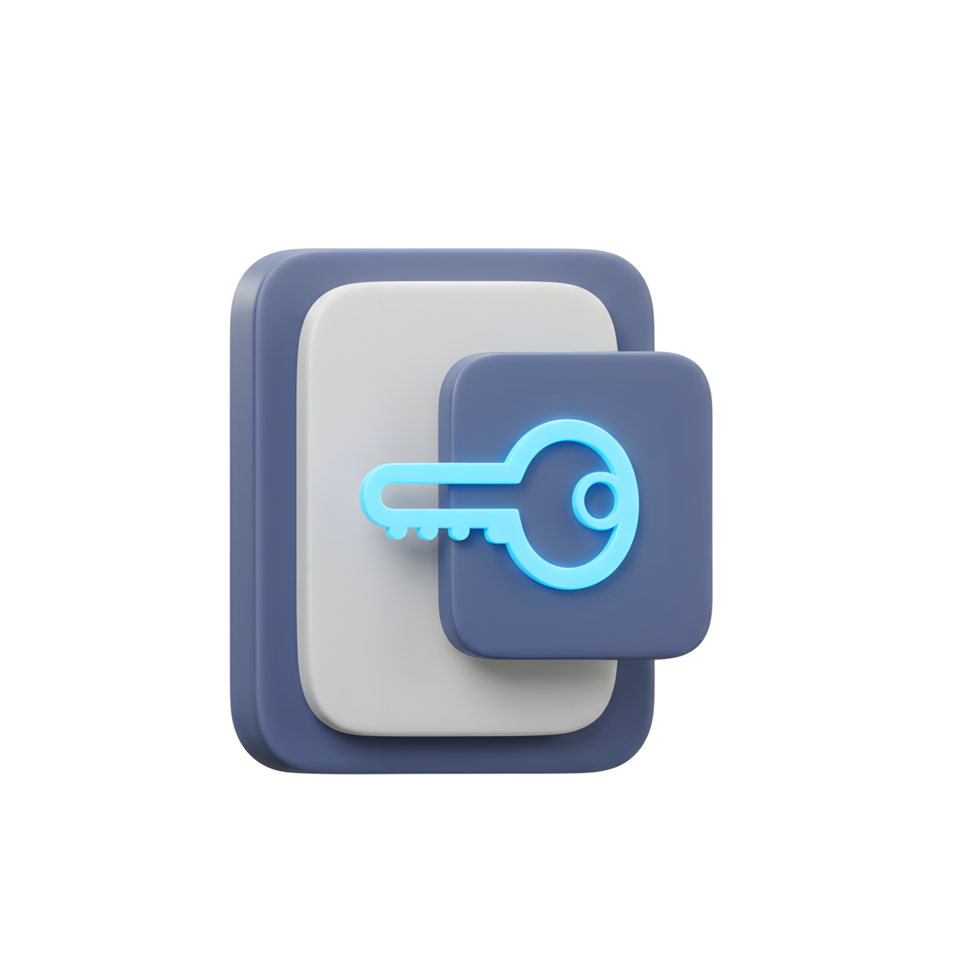 3D illustration of a key provides access, symbolizing authentication and security for online platforms and software applications. png