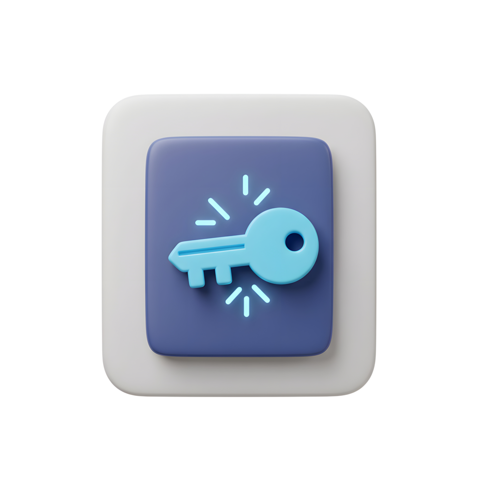 A light blue key icon surrounded by light rays is displayed on a blue and white square background for security access. png