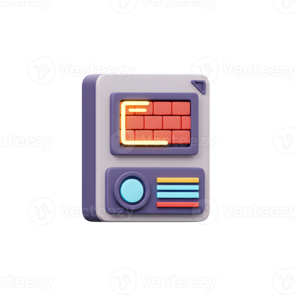 3D firewall icon depicting a brick wall inside a frame and a bottom panel with a button, designed for cybersecurity applications. png