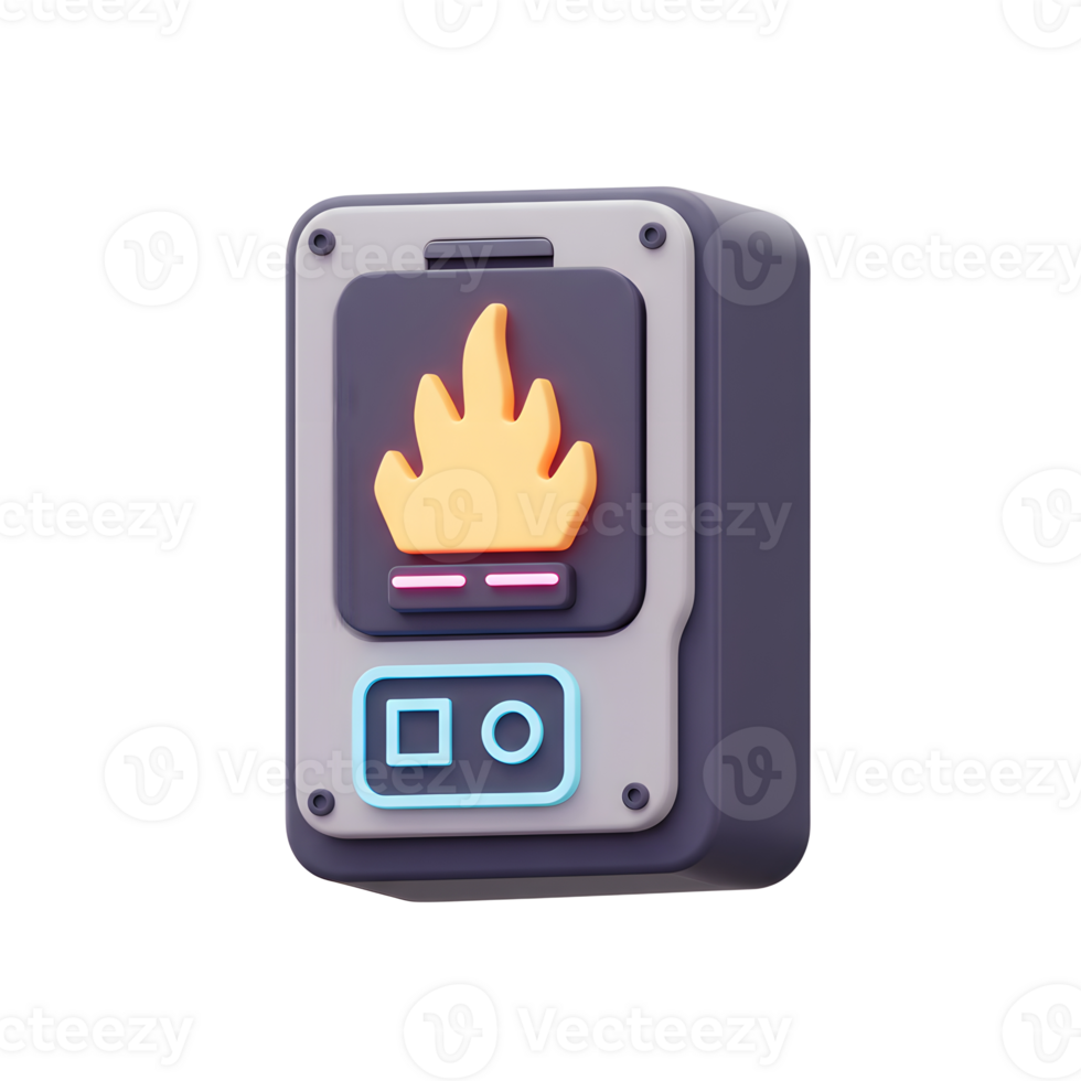 A 3D rendered illustration shows a fireplace with a flame, a light and two buttons, ideal for adding a cozy and inviting feeling to any design. png
