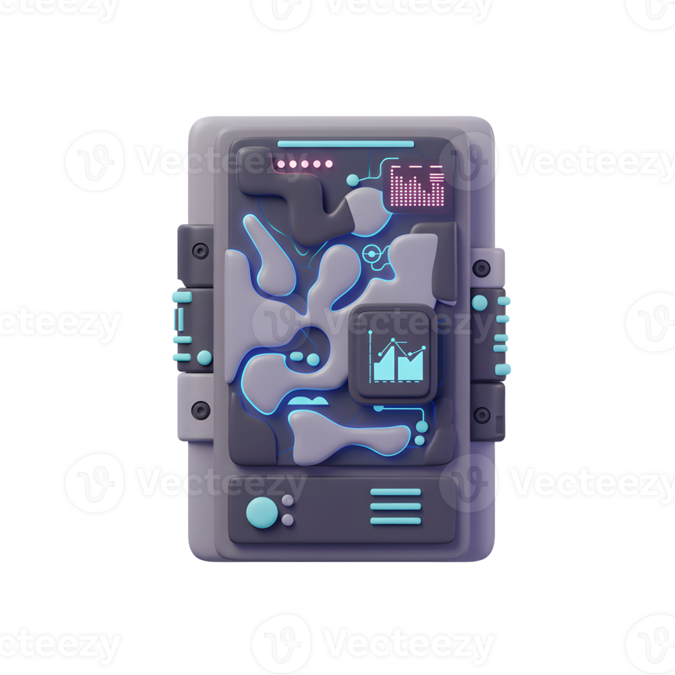 Cybernetic device with a graph, map, menu, and other various indicators displays information to be used for navigation or data analysis. png