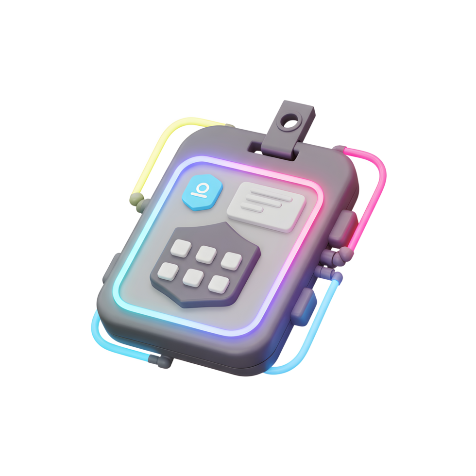 A grey cyberpunk device features a keypad, buttons, and glowing neon trim, suggesting a futuristic form of access or control. png