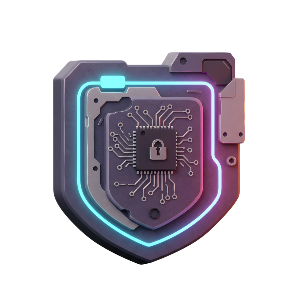 A 3D rendered digital security shield features a lock icon on a circuit board, signifying data protection and secure access. png