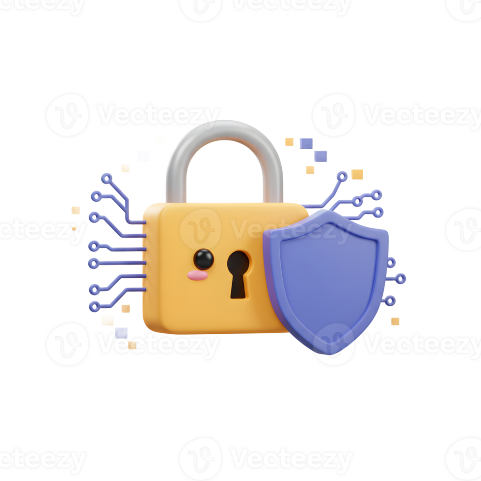 A yellow cartoon padlock with a shield represents digital security protection, suitable for online safety illustrations. png