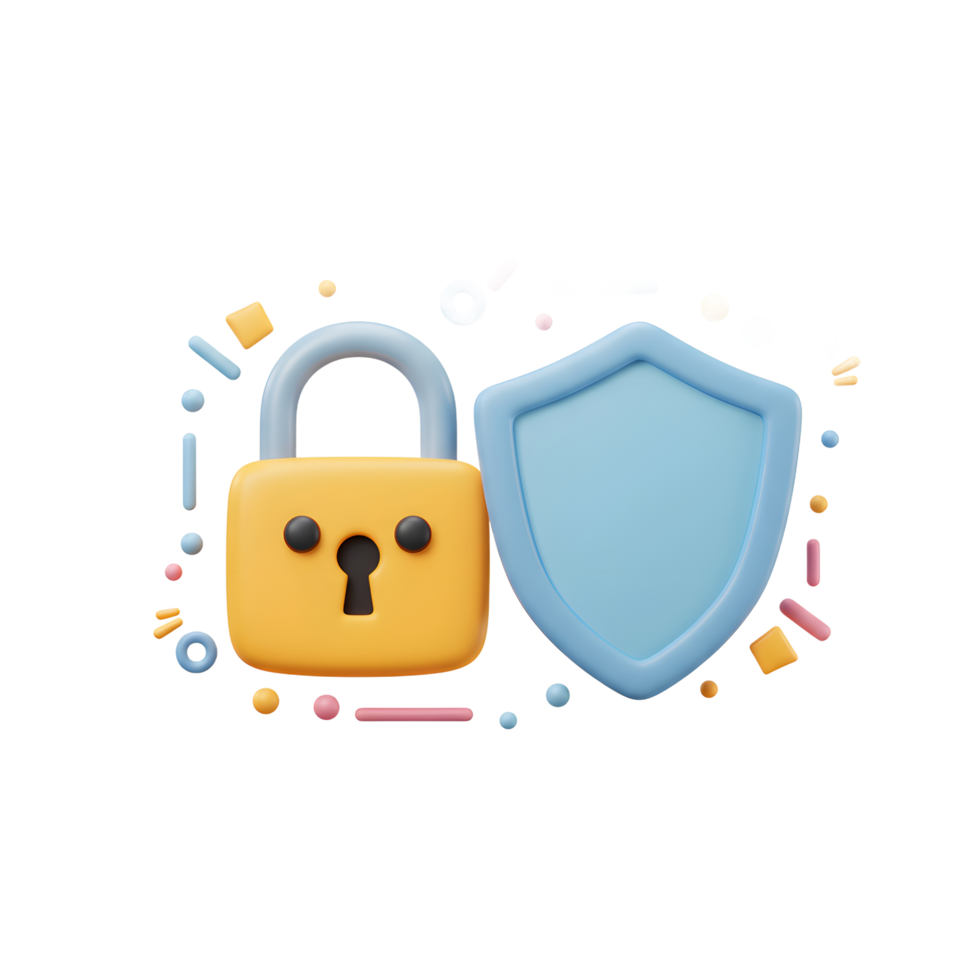 A yellow lock and blue shield protect against threats and represent online security for various data and information. png