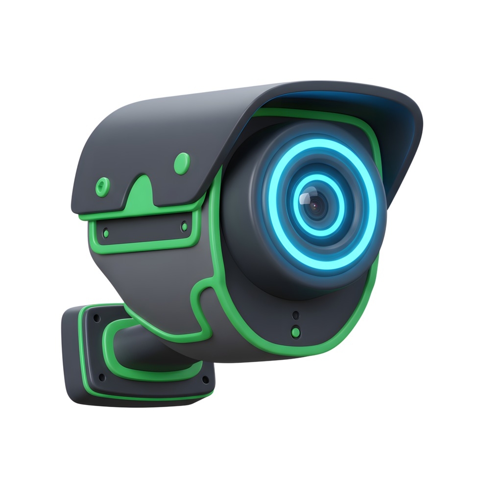 This is a gray security camera with green accents and a blue light ring around the lens, which is commonly used for surveillance. png