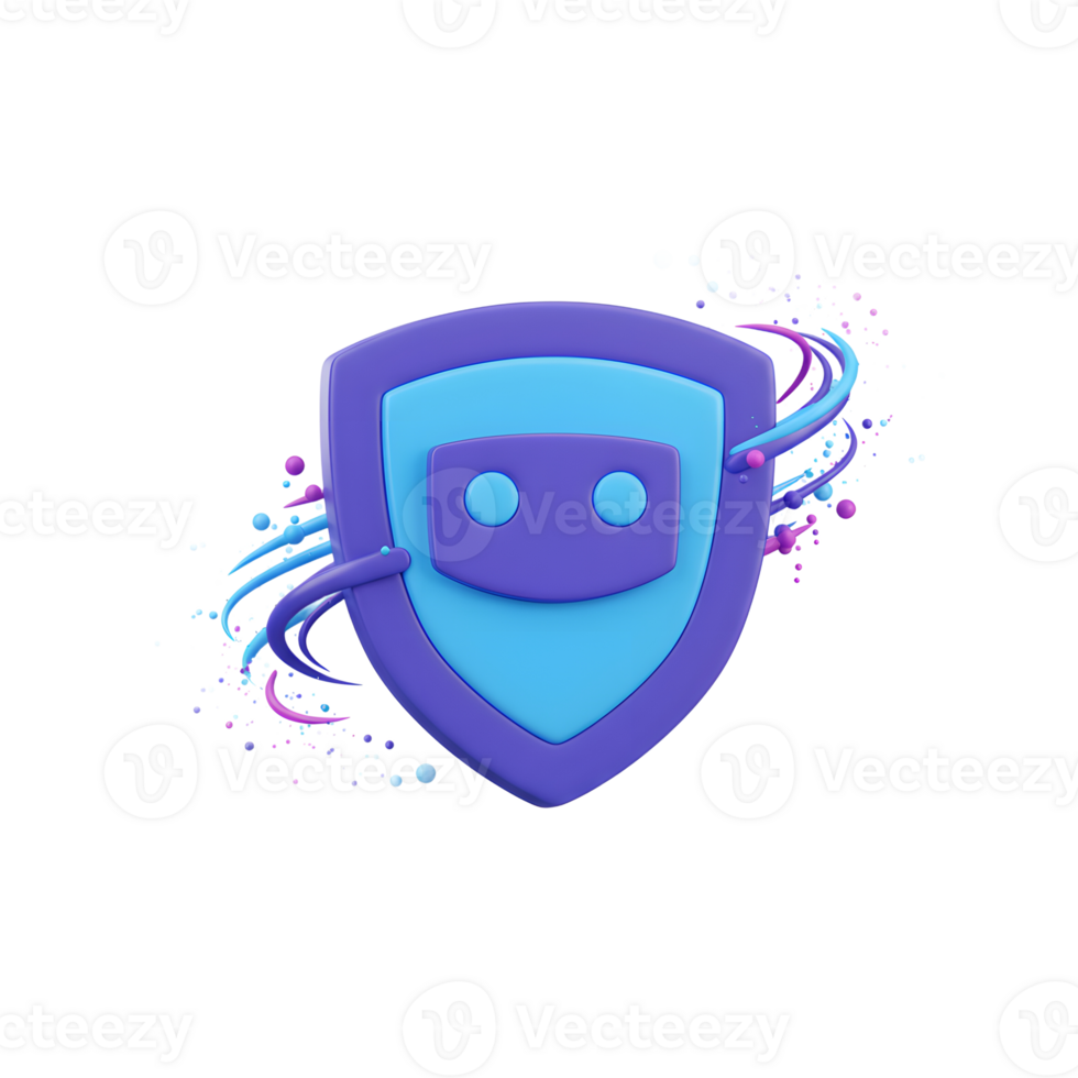 A blue and purple shield with a robot face is surrounded by colorful swirls and dots, representing digital protection for online use. png