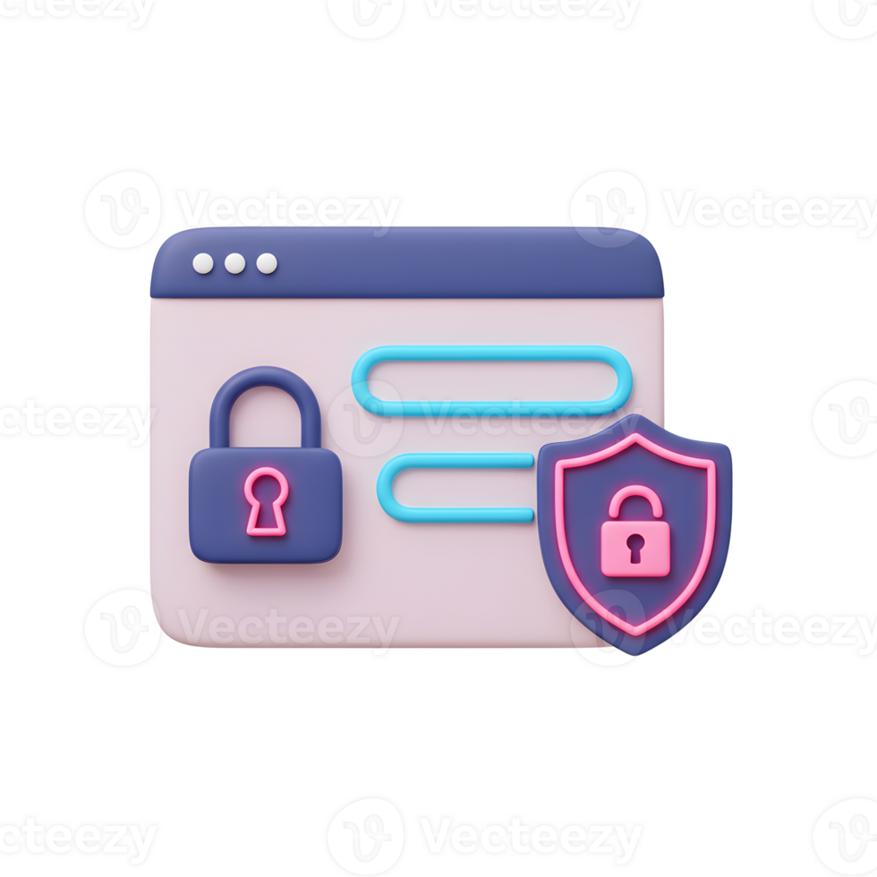 This 3D render depicts online security features, including a browser window, shield, and locks, representing protection for accessing websites. png