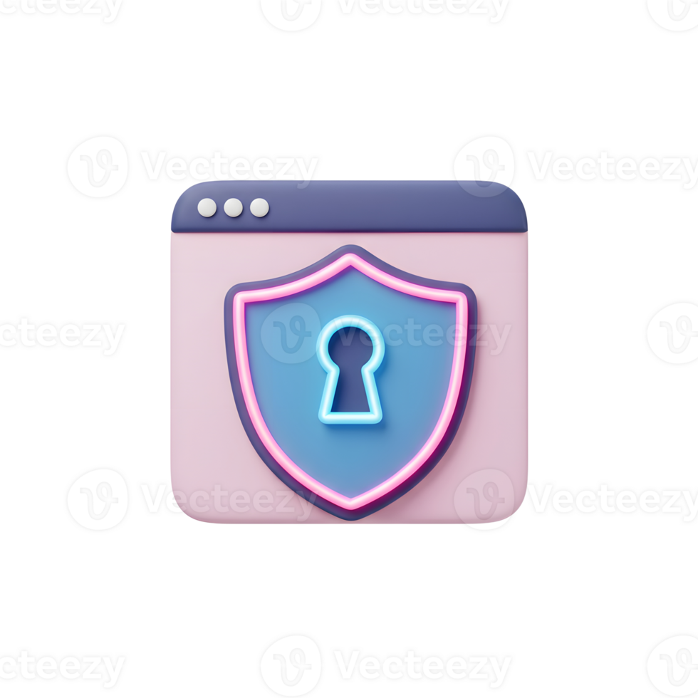 A pink browser window displays a blue security shield with a glowing keyhole, suggesting secure online activity for web surfing. png