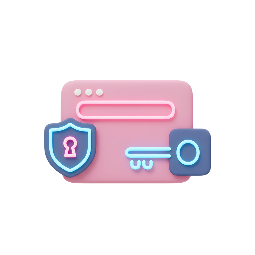 A 3D rendering of a pink web window with a blue shield and key ensures secure website access, ideal for online safety presentations or cybersecurity awareness campaigns. png