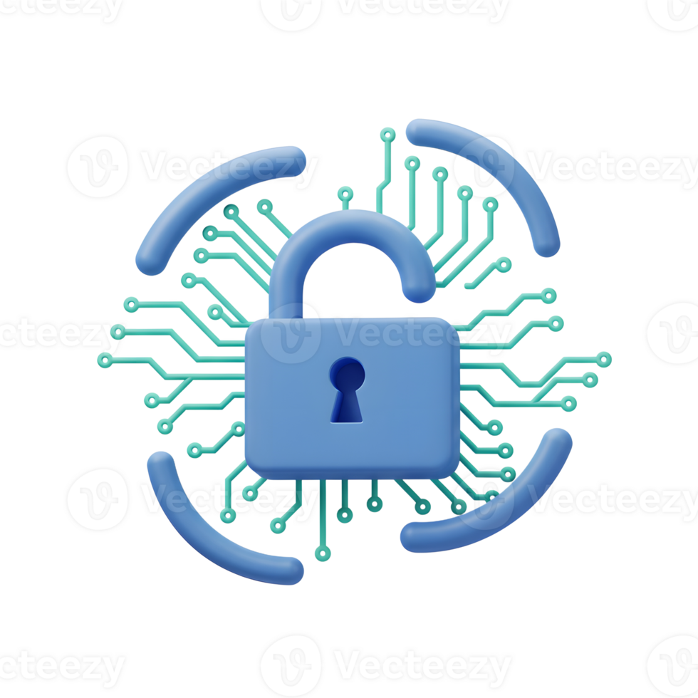 A light blue unlocked padlock is encircled by a green circuit board pattern, representing digital security for online protection. png