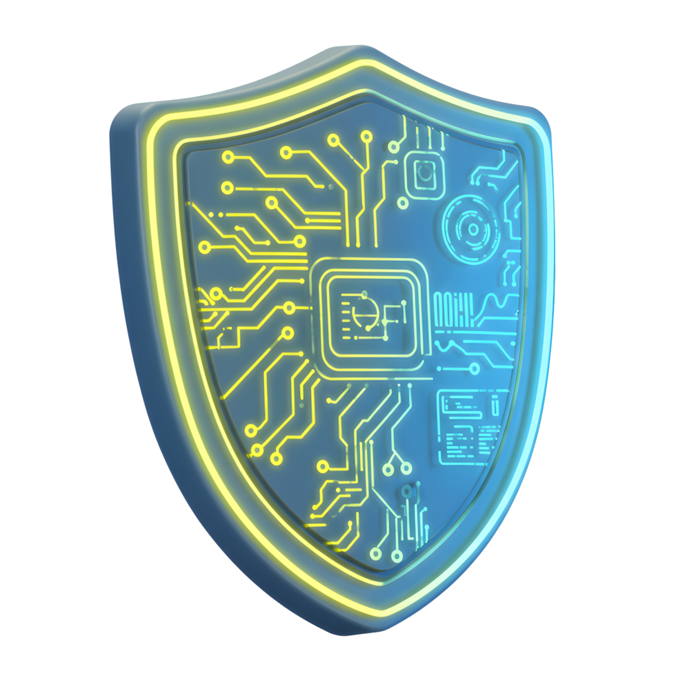 A digital shield features a circuit board design with glowing lines, suggesting cyber security technology for secure online protection. png