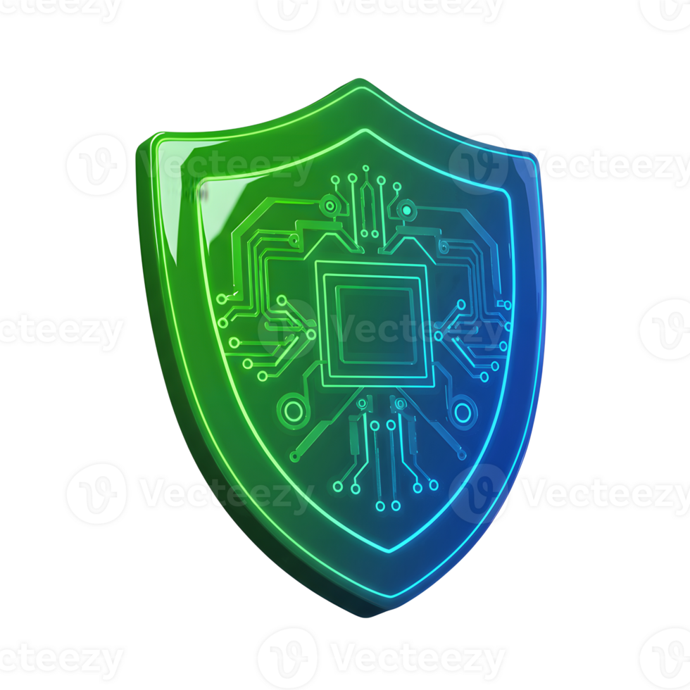 This glossy shield features an integrated circuit board design, representing cybersecurity and data protection, perfect for illustrating digital security. png