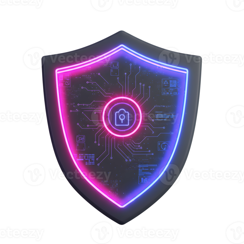 A digital shield with a lock icon represents security and data protection, often used to symbolize cybersecurity solutions. png