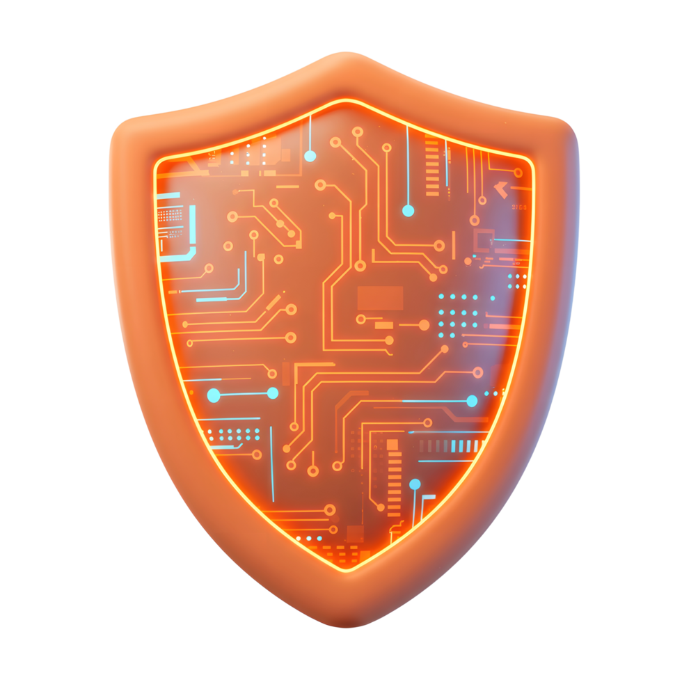 Orange electronic shield with circuit board pattern represents security and protection against cyber threats, often used for digital safety. png
