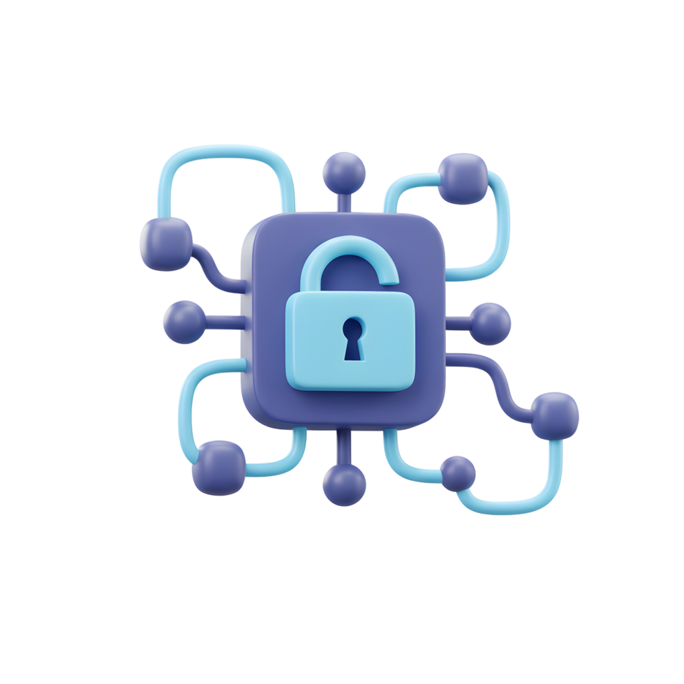 A 3D render shows a light blue, open padlock sitting atop a violet computer chip surrounded by connectors, useful for illustrating cybersecurity concepts. png