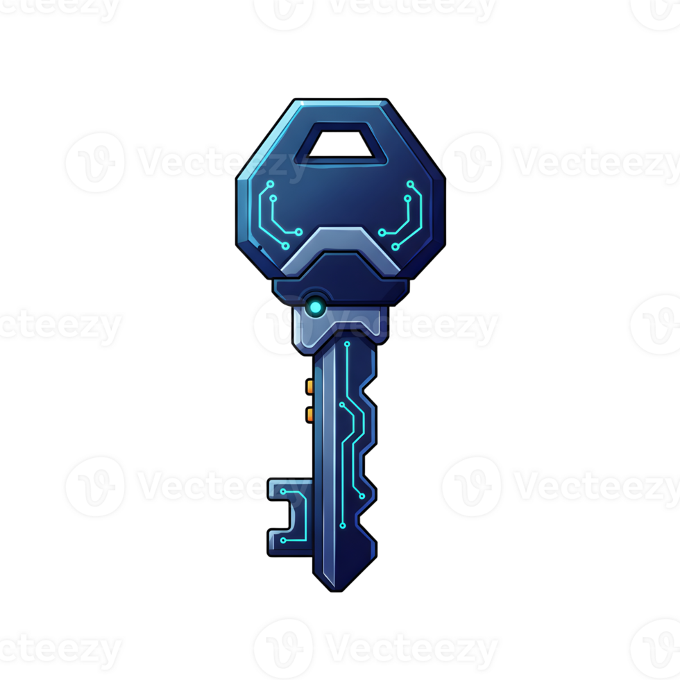 A futuristic looking blue key with glowing circuit patterns is designed for security applications. png