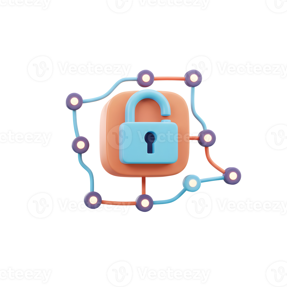 A 3D rendered image shows an unlocked blue padlock surrounded by blue and orange wires connected with dots, representing a network's security and vulnerability analysis. png